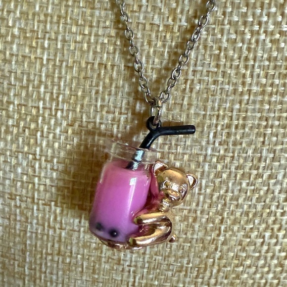 Adorable Gold Teddy Bear with Pink Bubble Tea Pendant Necklace - Picture 3 of 6